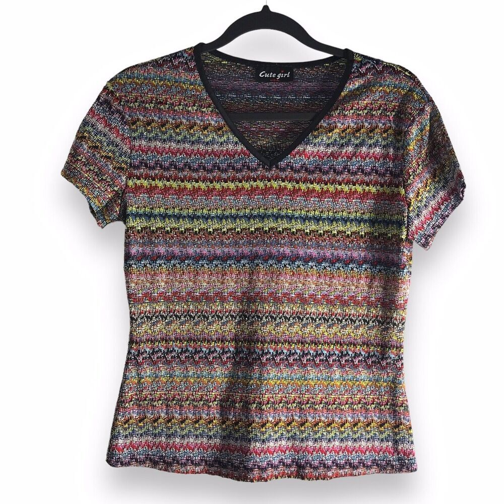Cute Girl USA Size Medium?‎ Vintage Y2K Striped Colorful Shirt Top Blouse Quirky